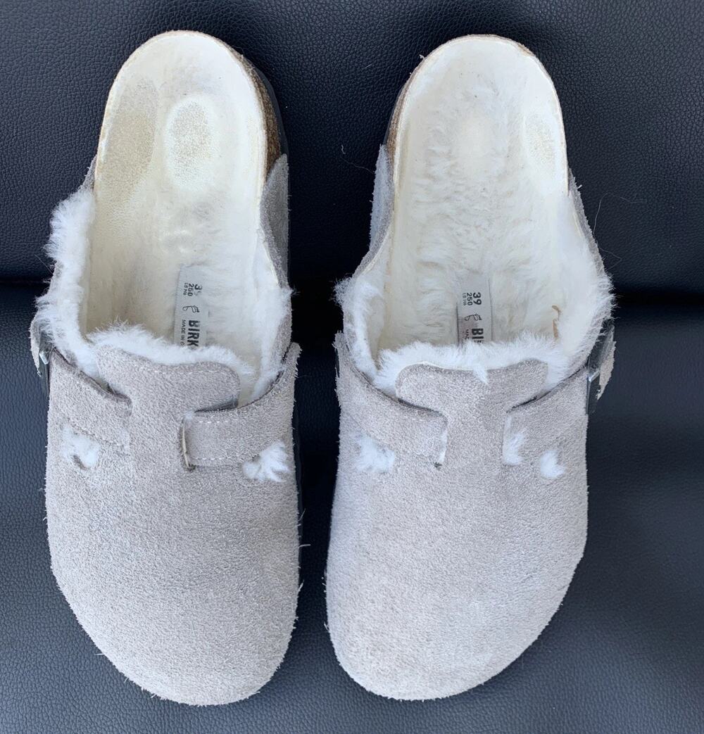Birkenstock Boston Fleece Fur Lined Sz 39 Womens 8 Mules Gray